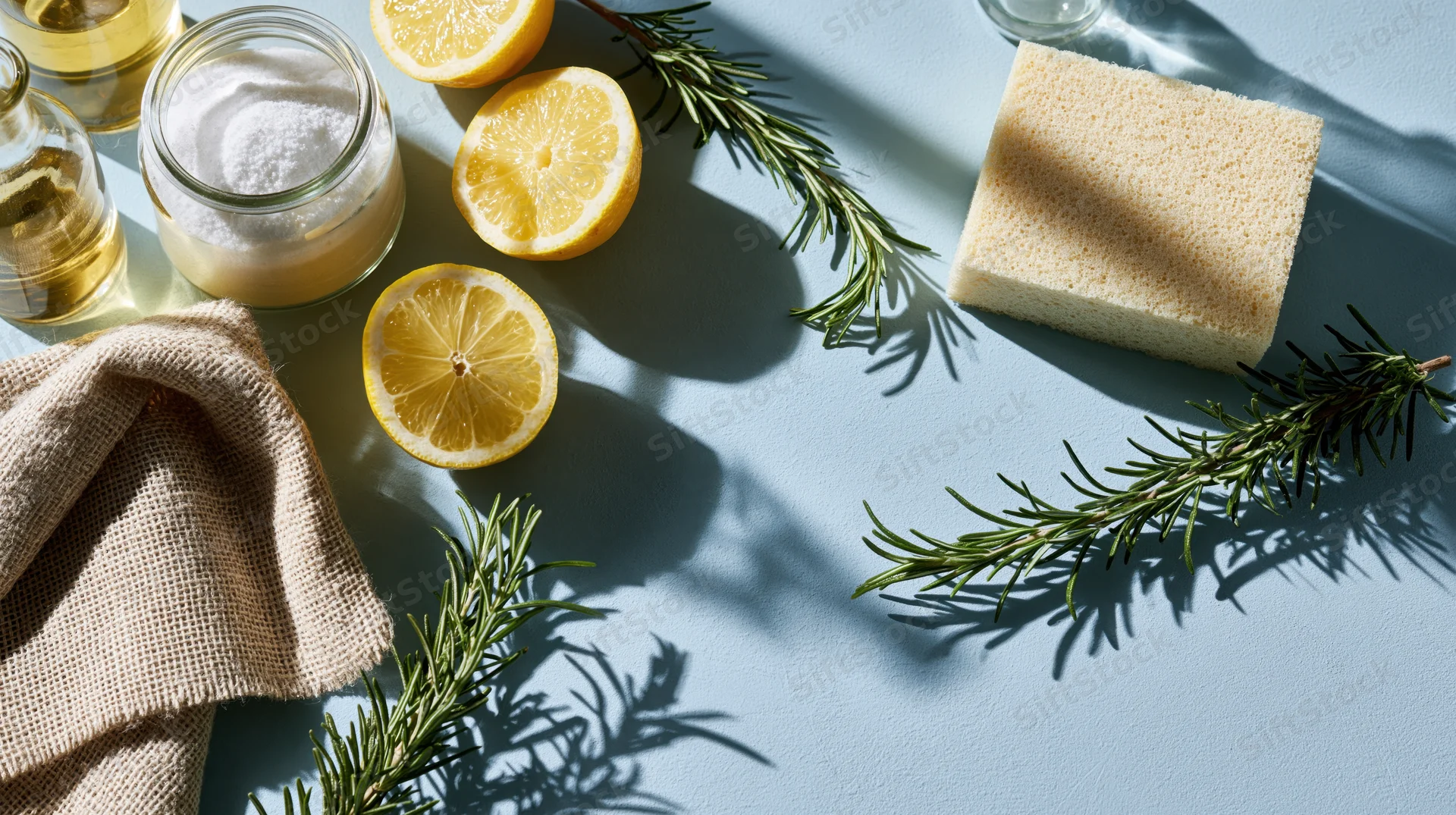 Natural cleaning supplies arranged in flat lay on pale blue surface with lemon slices, rosemary, sponge and cloth