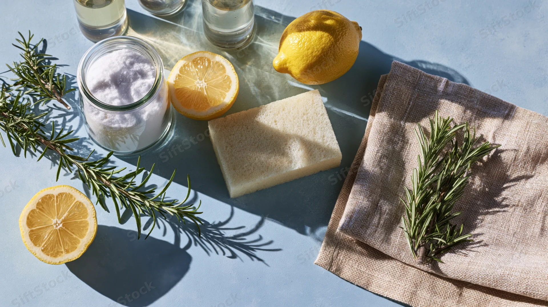 Natural cleaning supplies arranged in flat lay on pale blue surface with lemon, rosemary, soap, sponge and glass jars