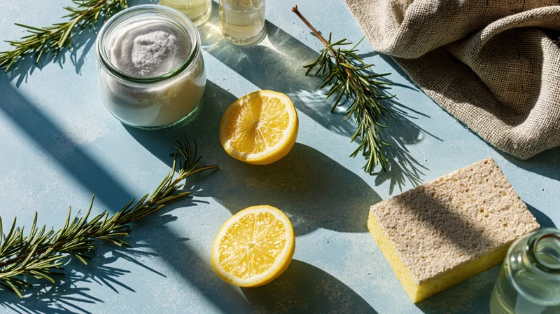 Natural cleaning supplies arranged in flat lay on pale blue surface with lemon, rosemary, sponge and glass jars under sunlight