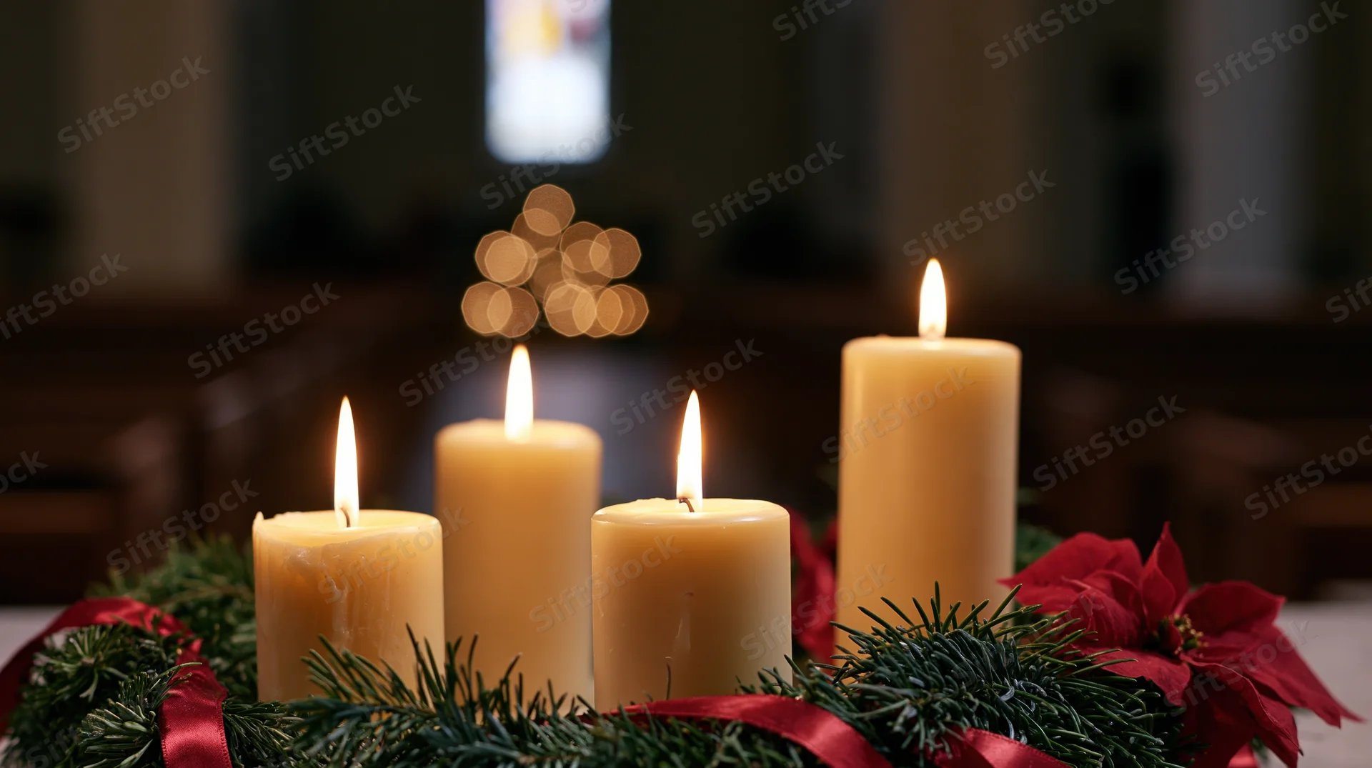 Four advent candles burning on an evergreen wreath decorated with red ribbon and poinsettia in a church interior