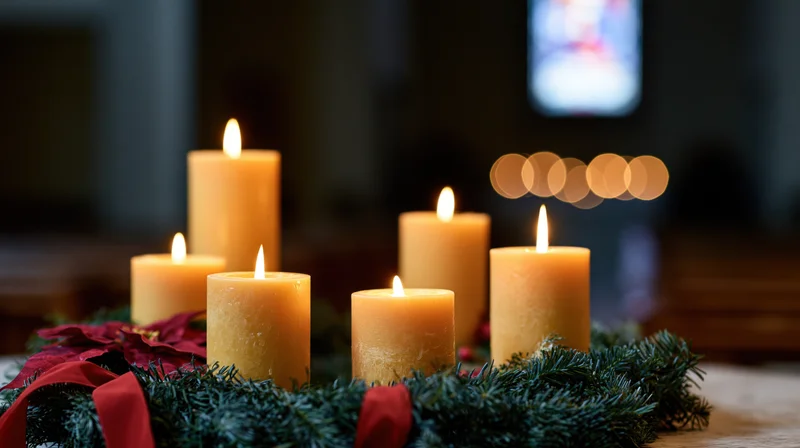 Advent candles burning on an evergreen wreath in a church interior