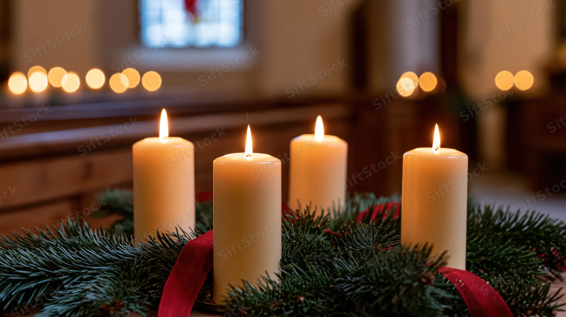 Four lit advent candles arranged in an evergreen wreath with red ribbon inside a church interior