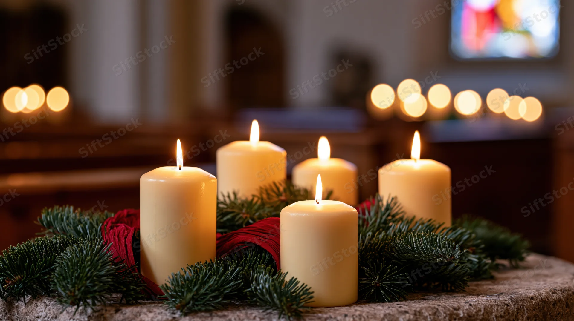 Four lit advent candles arranged with evergreen branches and red ribbon on a stone altar in a church interior