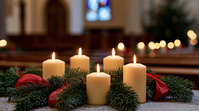 Five lit advent candles arranged with evergreen branches and red ribbon on a church altar