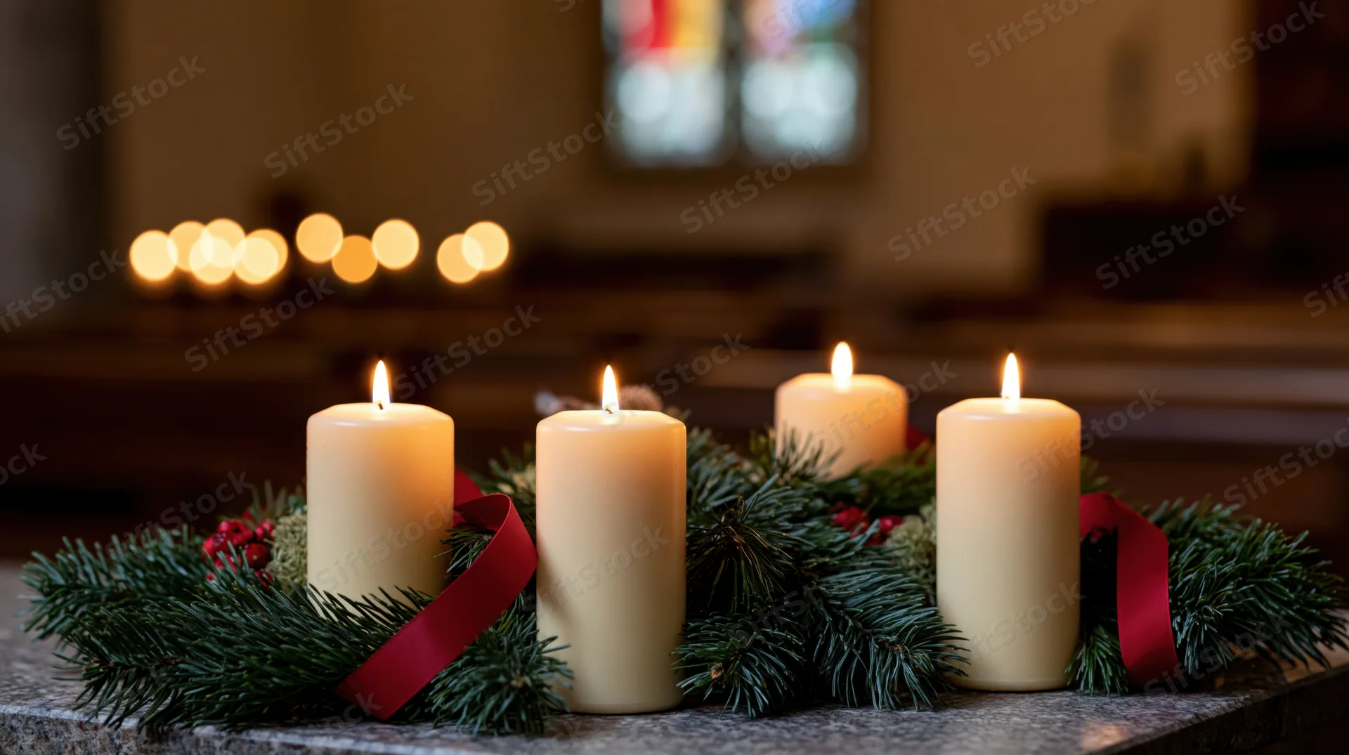 Four lit advent candles arranged with evergreen branches and red ribbon on stone altar in church interior