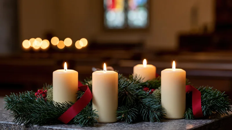 Four lit advent candles arranged with evergreen branches and red ribbon on stone altar in church interior