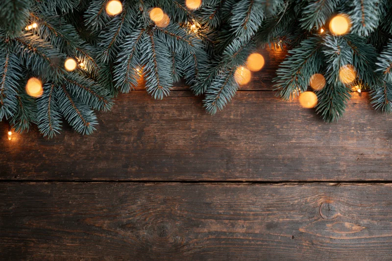 Fir and spruce branches with warm string lights arranged along the top edge of a dark wooden surface, leaving copyspace below
