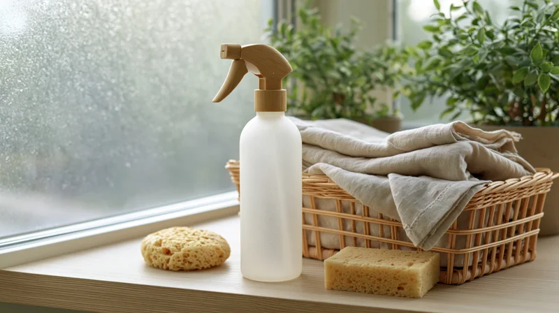 Frosted white spray bottle with bamboo trigger on windowsill beside wicker basket of cloths and sponges