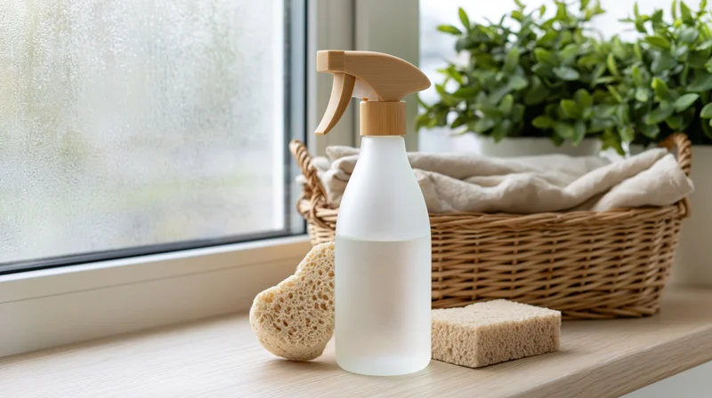 Frosted white spray bottle with bamboo trigger and sponges on windowsill beside wicker basket and plant