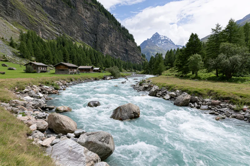 Glacial turquoise river rushing over rounded boulders through alpine valley with wooden cabins and pine forest
