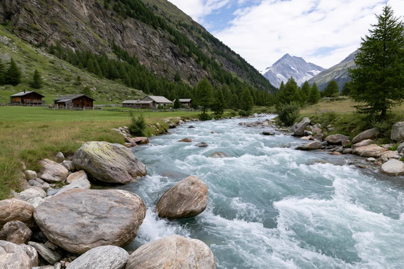 Glacial turquoise river rushing over rounded boulders through alpine valley with wooden cabins and pine forest