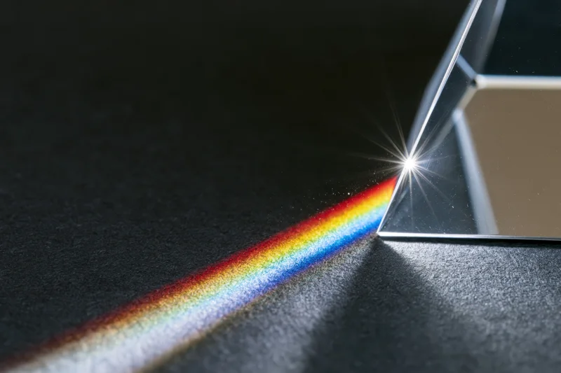 Glass prism dispersing a white light beam into a rainbow spectrum on a dark surface