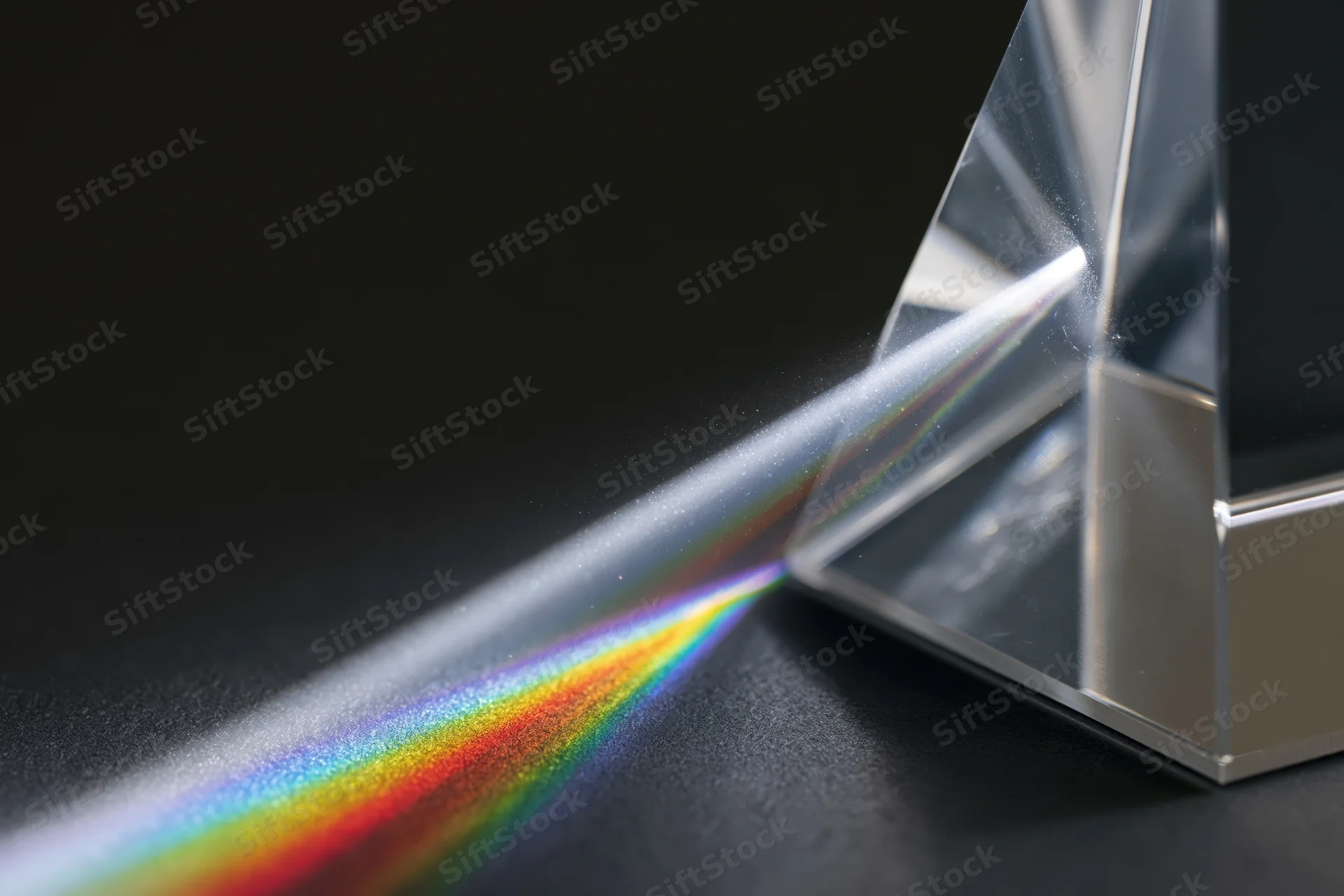 Glass prism dispersing white light into a rainbow spectrum on a dark surface