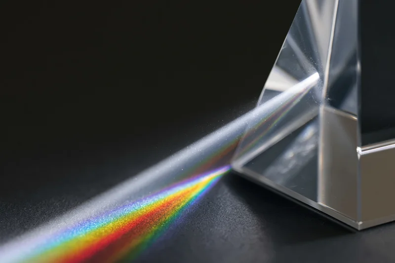 Glass prism dispersing white light into a rainbow spectrum on a dark surface