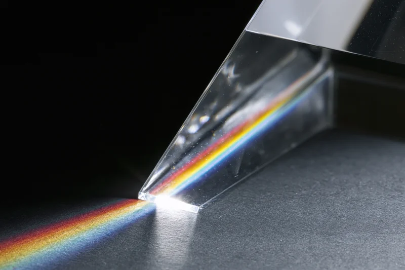Glass prism dispersing white light into a rainbow spectrum on a dark surface