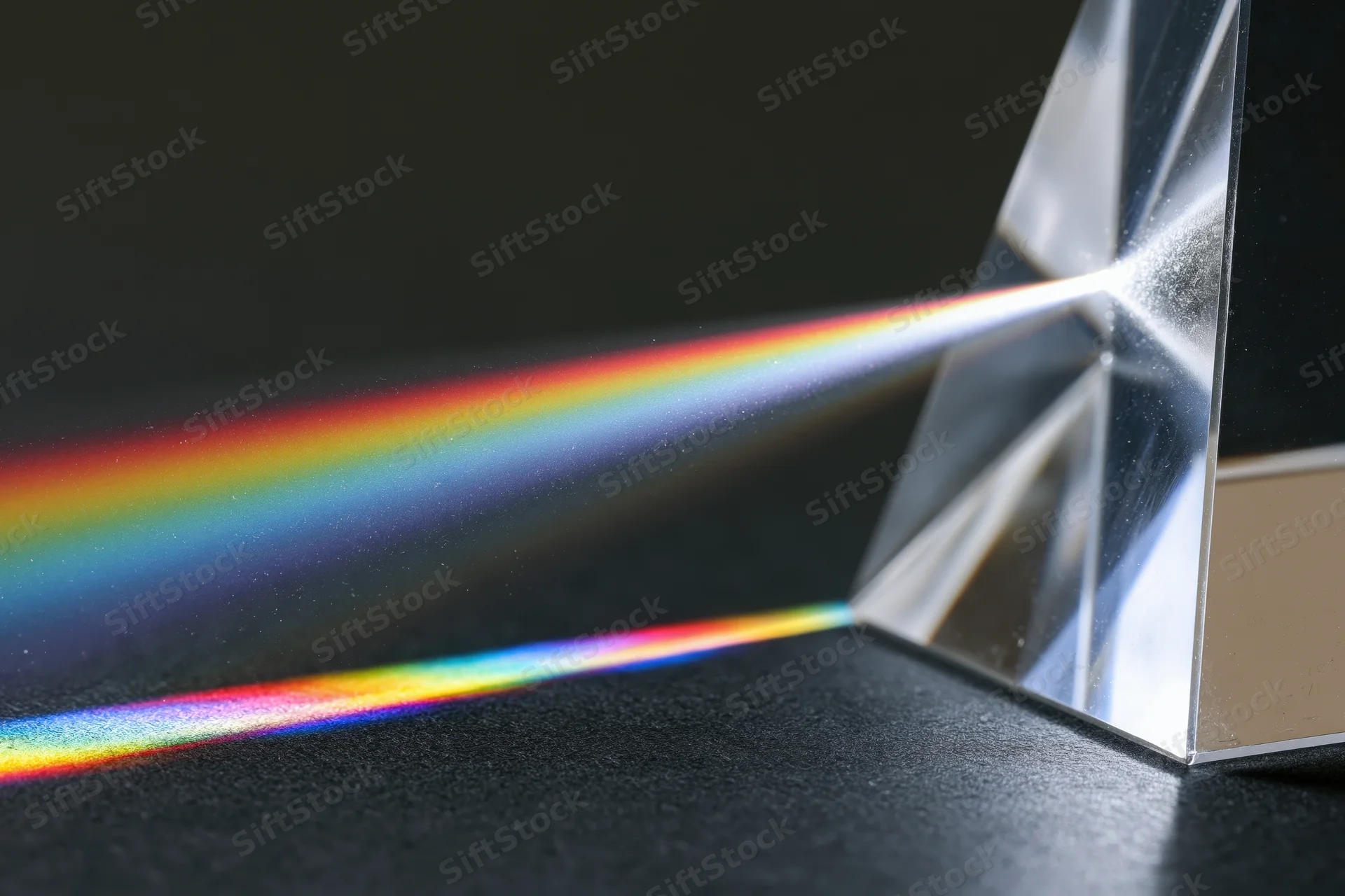 Glass prism dispersing white light into a rainbow spectrum on a dark surface