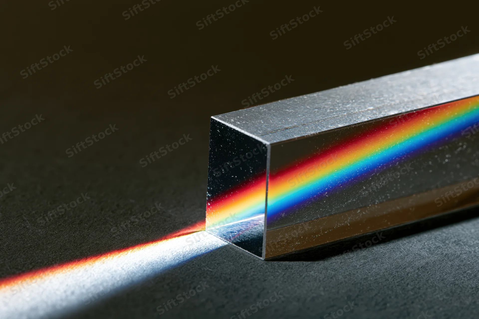 Glass prism refracting a narrow beam of white light into a visible spectrum on a dark surface