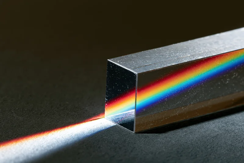 Glass prism refracting a narrow beam of white light into a visible spectrum on a dark surface