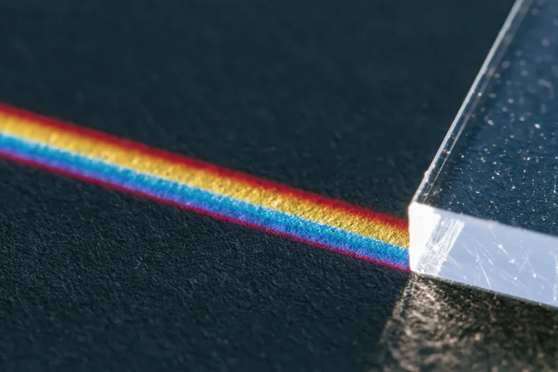 Glass prism refracting a narrow beam of white light into a visible spectrum on a dark surface