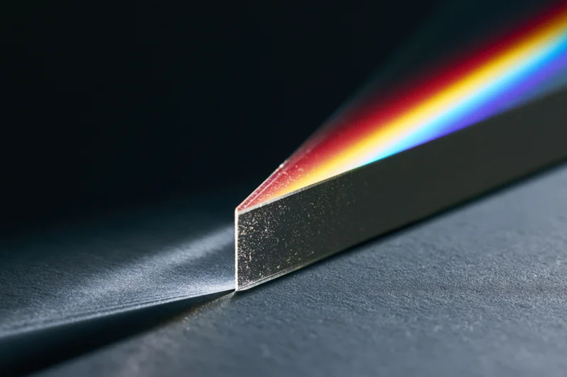 Glass prism refracting white light into a rainbow spectrum on a dark surface