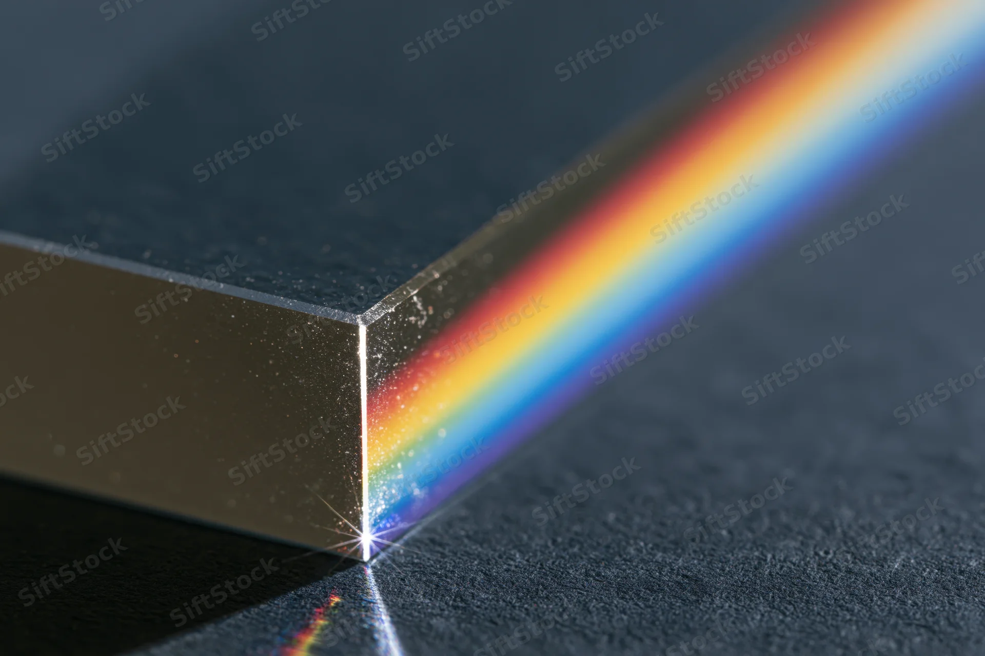 Glass prism refracting white light into a rainbow spectrum on a dark surface