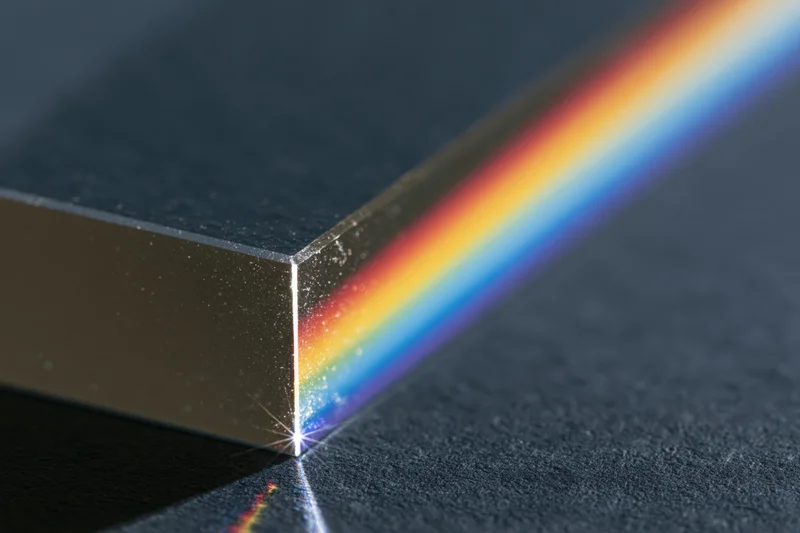 Glass prism refracting white light into a rainbow spectrum on a dark surface