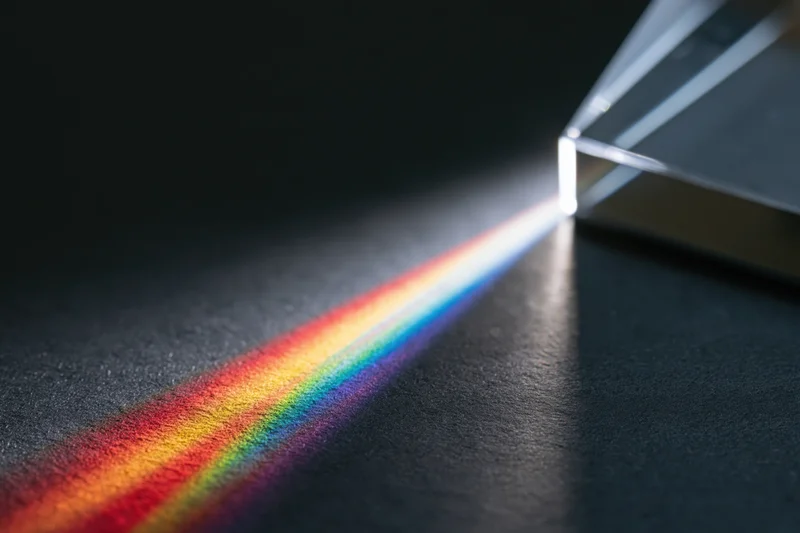 Glass prism refracting white light into a rainbow spectrum on a dark surface