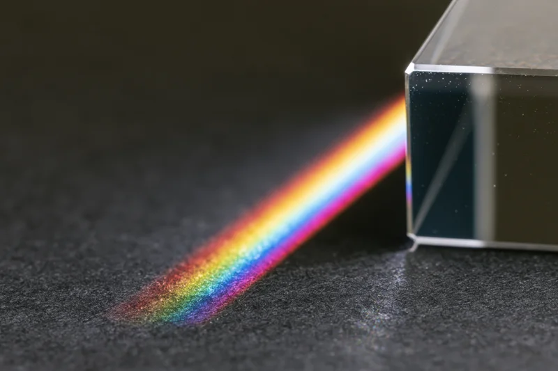 Glass prism refracting a white light beam into a rainbow spectrum on a dark surface