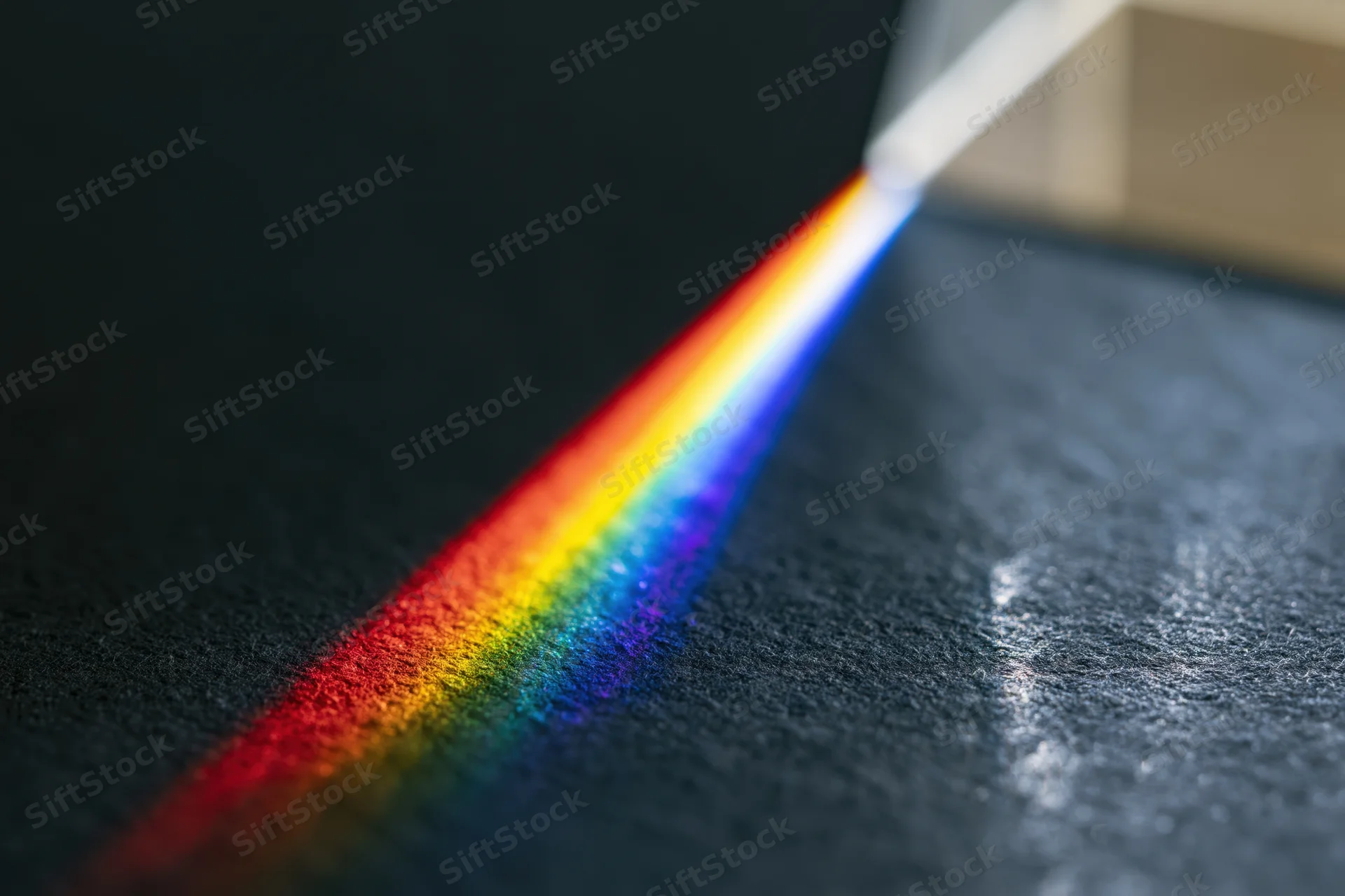 Glass prism refracting a white light beam into a rainbow spectrum on a dark surface