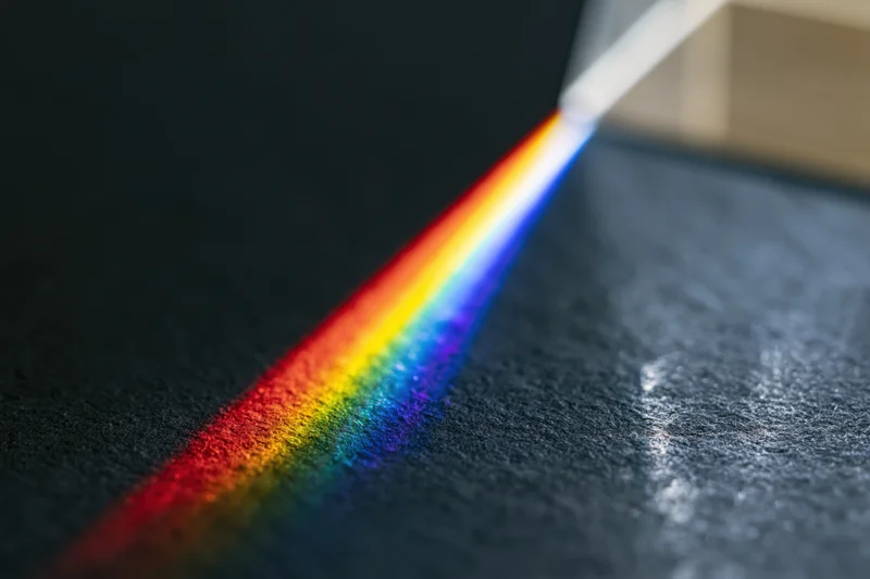 Glass prism refracting a white light beam into a rainbow spectrum on a dark surface