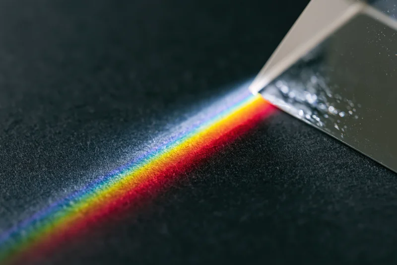 Glass prism refracting a white light beam into a rainbow spectrum on a dark surface