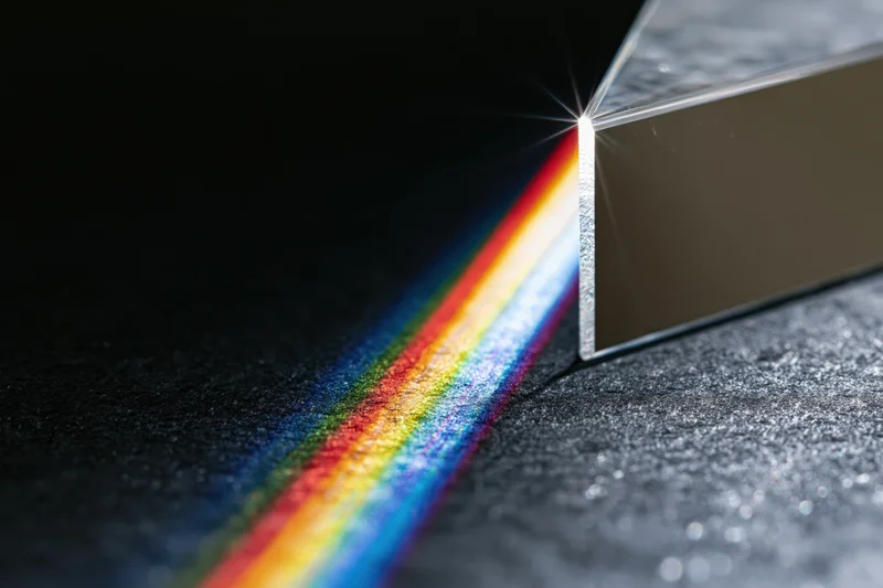 Glass prism refracting a white light beam into a rainbow spectrum on a dark textured surface
