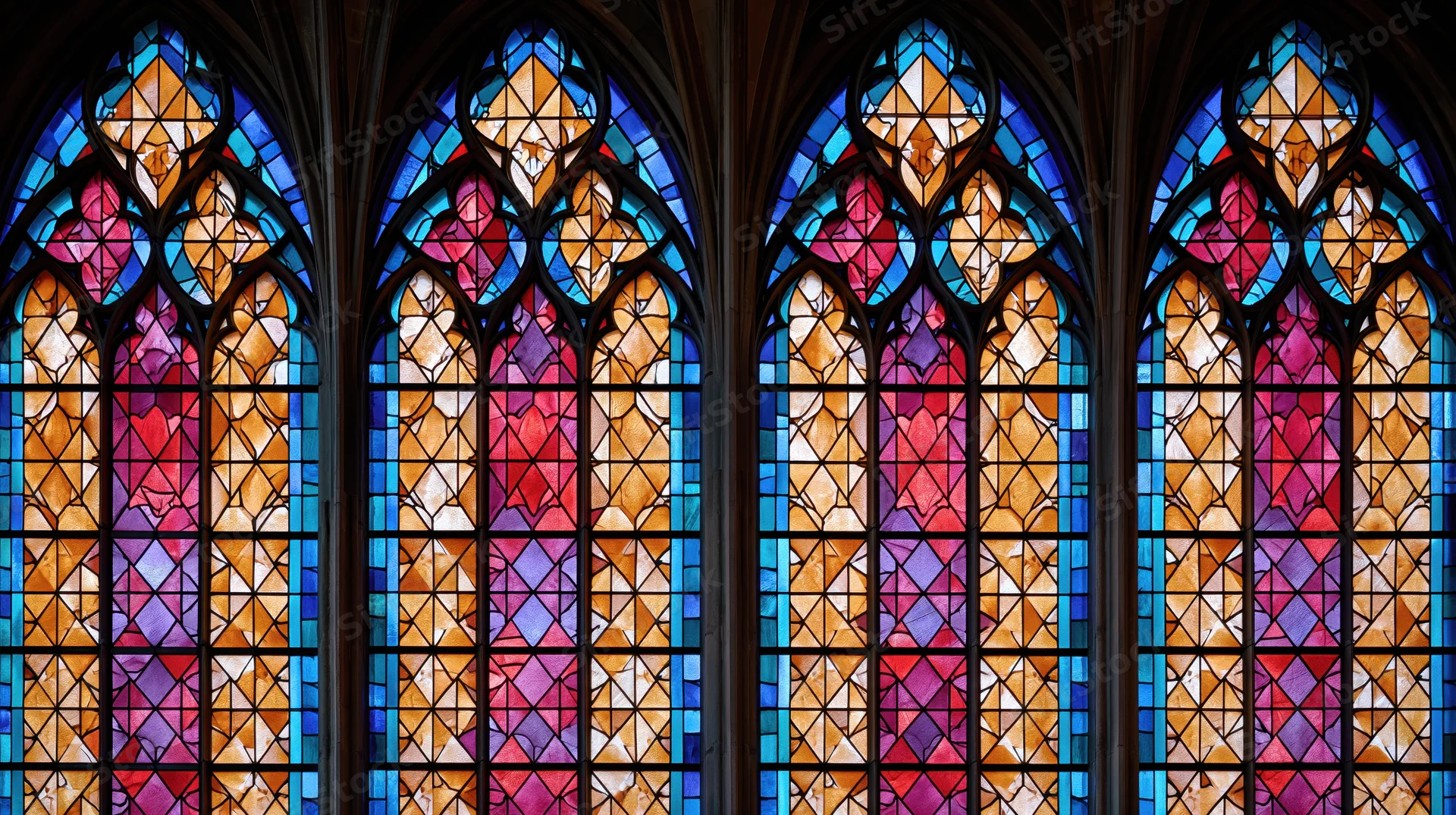 Gothic cathedral stained glass windows filling the frame with colorful light patterns