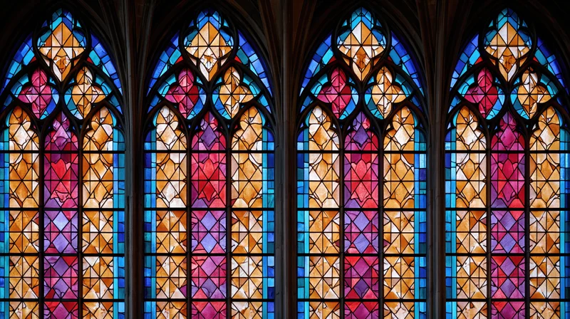 Gothic cathedral stained glass windows filling the frame with colorful light patterns