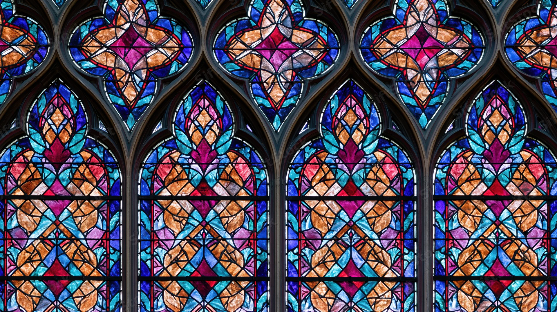 Gothic cathedral stained glass windows filling the frame with colorful geometric patterns and arched designs