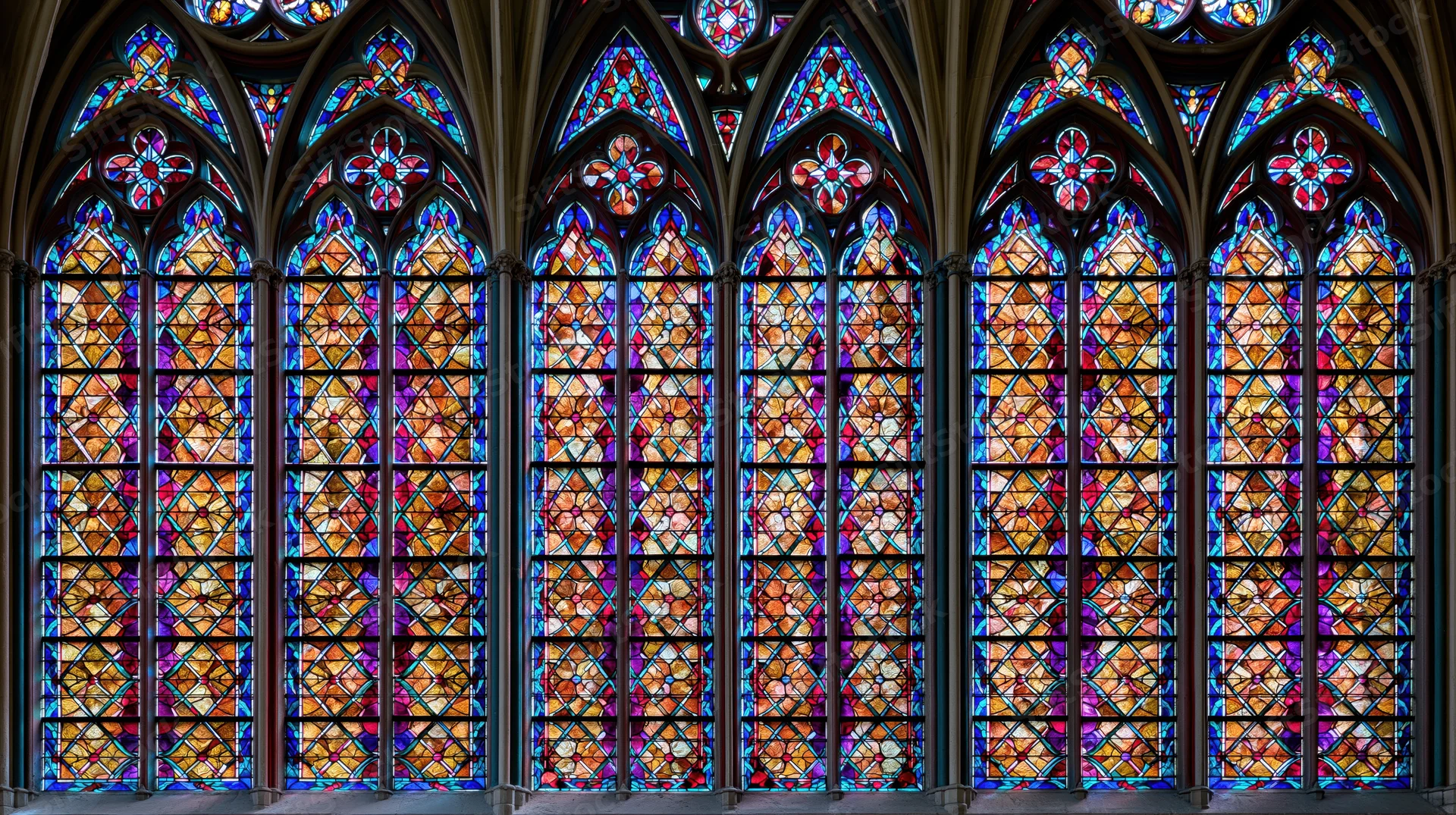 Gothic cathedral stained glass windows filling the interior with colorful light