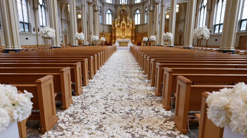 Wedding aisle decorated with white flower petals and bouquets in a grand catholic church interior