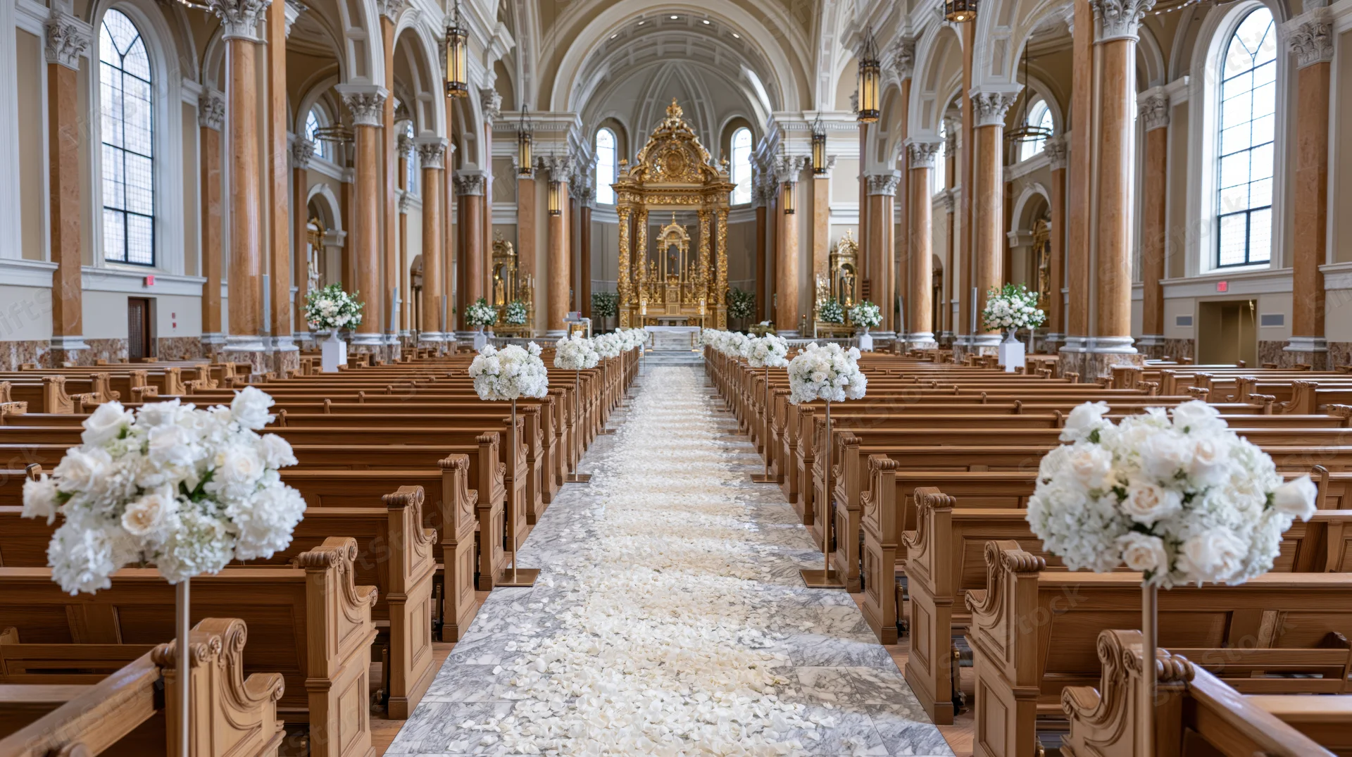 Grand catholic church interior decorated for wedding ceremony with white floral arrangements lining the aisle and golden altar at the end