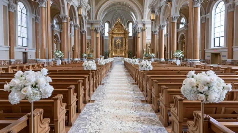 Grand catholic church interior decorated for wedding ceremony with white floral arrangements lining the aisle and golden altar at the end