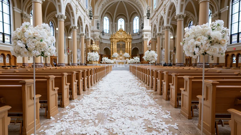 Wedding ceremony setup in a grand catholic church with white rose decorations lining the aisle and petals scattered on the floor