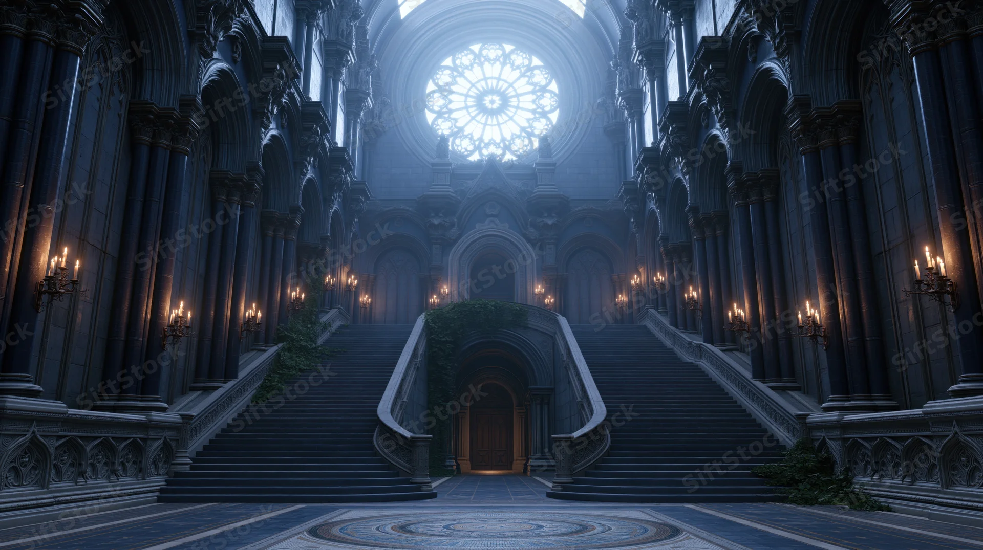Grand gothic palace interior with symmetrical double staircase leading to arched doorway under rose window