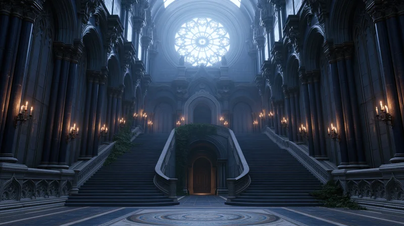 Grand gothic palace interior with symmetrical double staircase leading to arched doorway under rose window