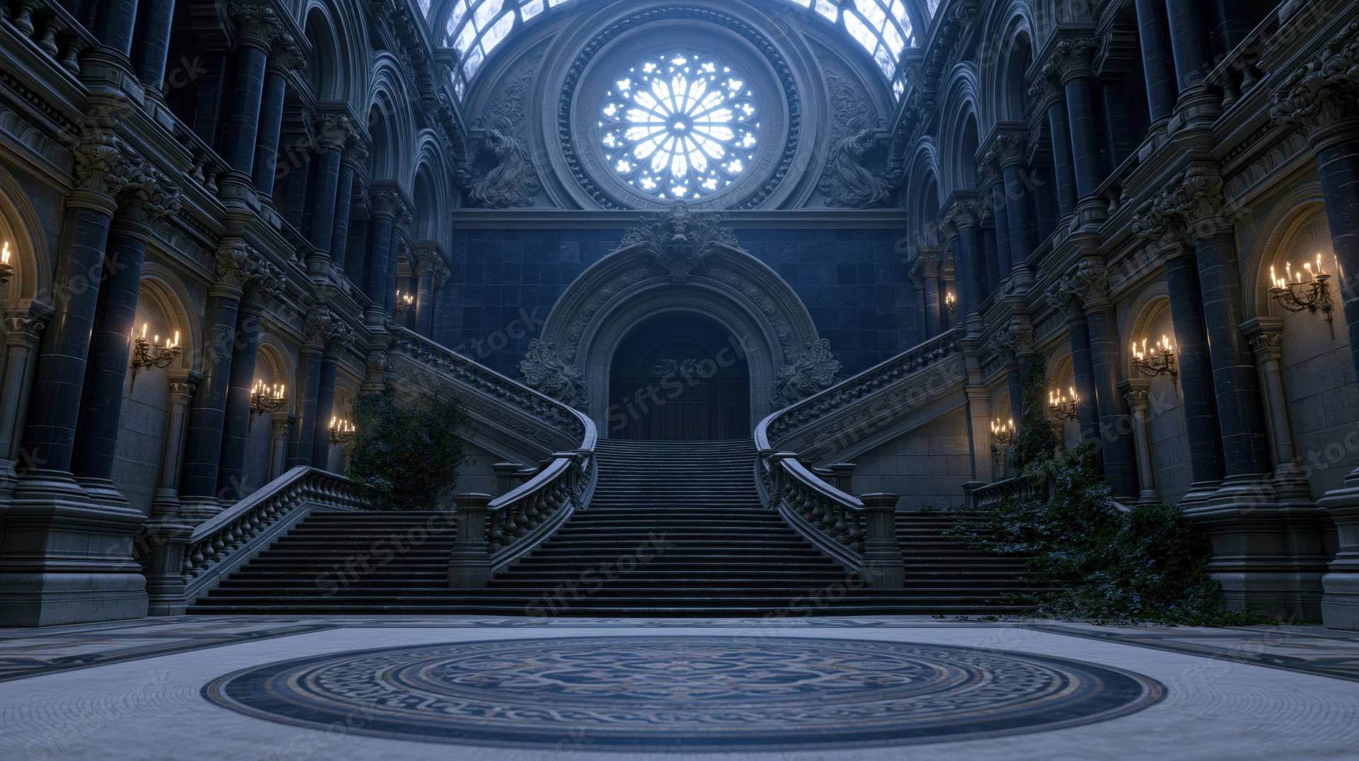 Grand gothic palace interior with symmetrical double staircase leading to arched doorway under rose window and skylight