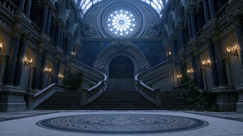Grand gothic palace interior with symmetrical double staircase leading to arched doorway under rose window and skylight