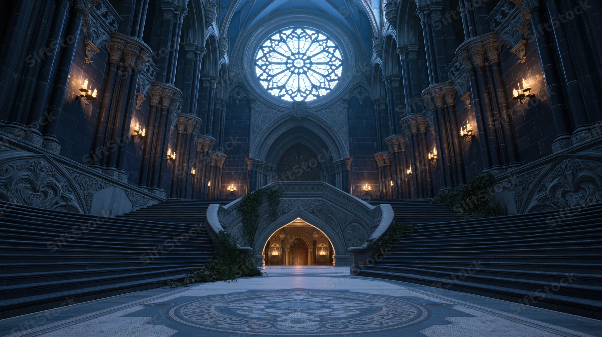 Grand gothic cathedral interior with empty ceremonial hall and sweeping staircase leading to arched entrance