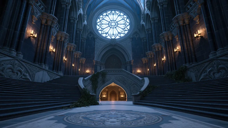 Grand gothic cathedral interior with empty ceremonial hall and sweeping staircase leading to arched entrance