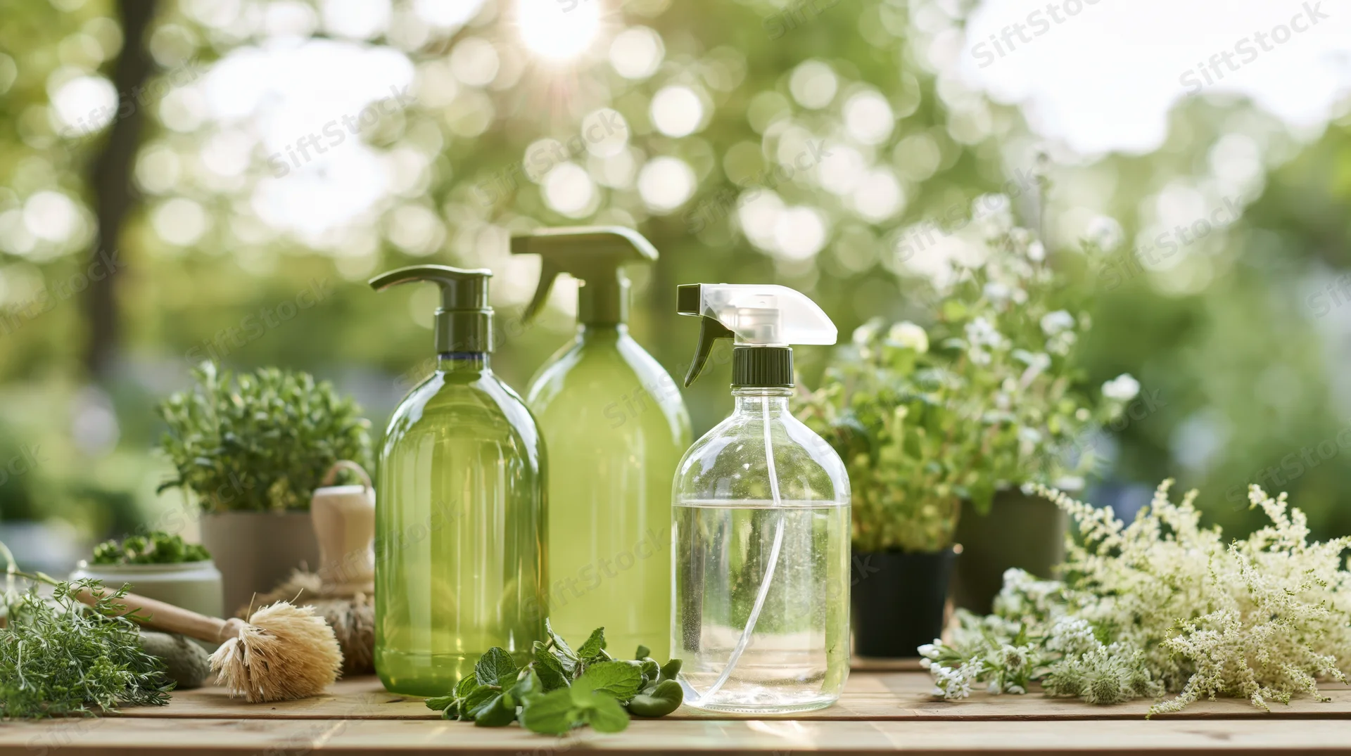 Green and clear plastic spray bottles arranged on a wooden table surrounded by fresh herbs and potted plants in a garden setting