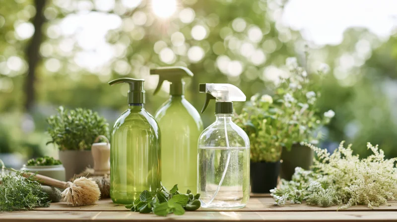 Green and clear plastic spray bottles arranged on a wooden table surrounded by fresh herbs and potted plants in a garden setting
