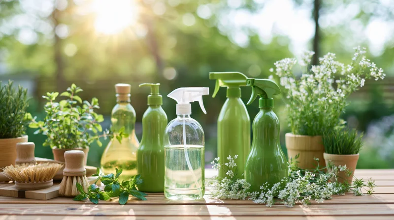 Green and clear plastic spray bottles arranged on a wooden table outdoors with potted herbs and flowers in sunlight