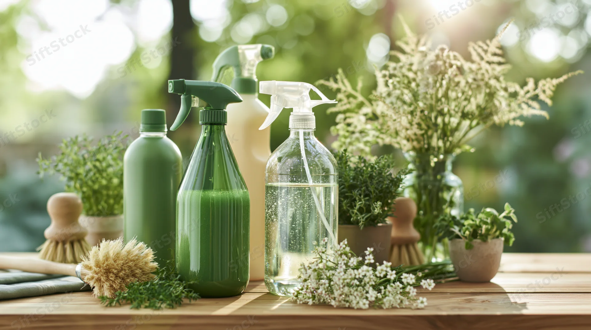 Green and clear plastic spray bottles arranged with herbs and flowers on a wooden table outdoors